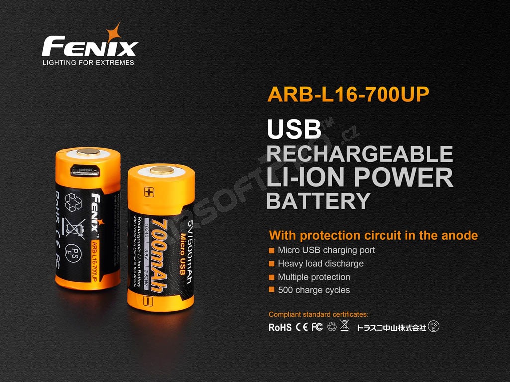 Újratölthető USB akkumulátor RCR123A / 16340 High Current 700 mAh (Li-ion) [Fenix]