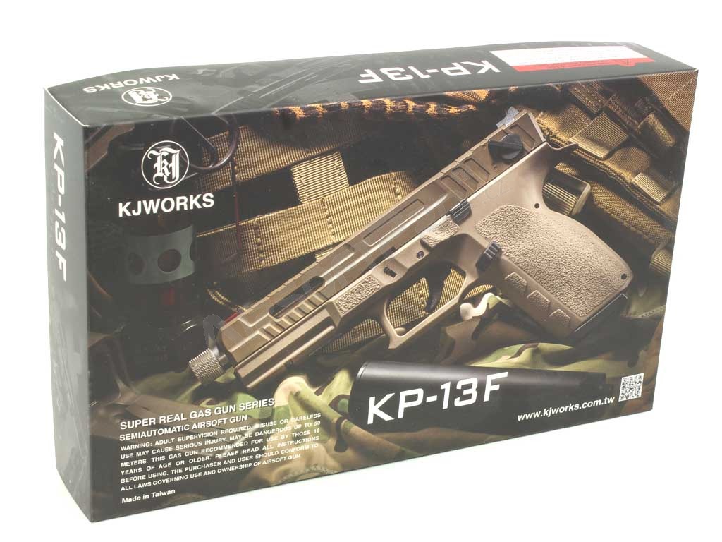 Airsoft pisztoly KP-13F, cső menetes, blowback adagolóval (GBB) - TAN [KJ Works]