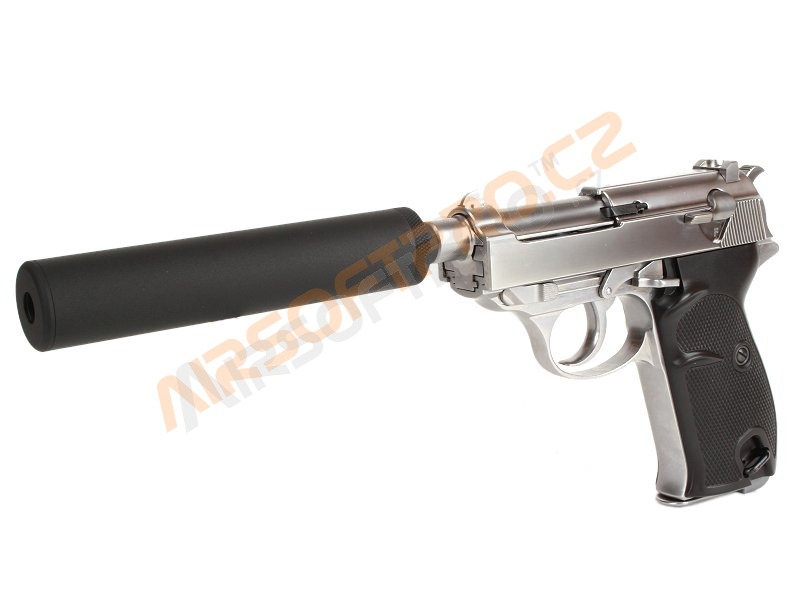 Airsoft pisztoly P38S supresszorral - gáz visszavezetés - ezüst [WE]