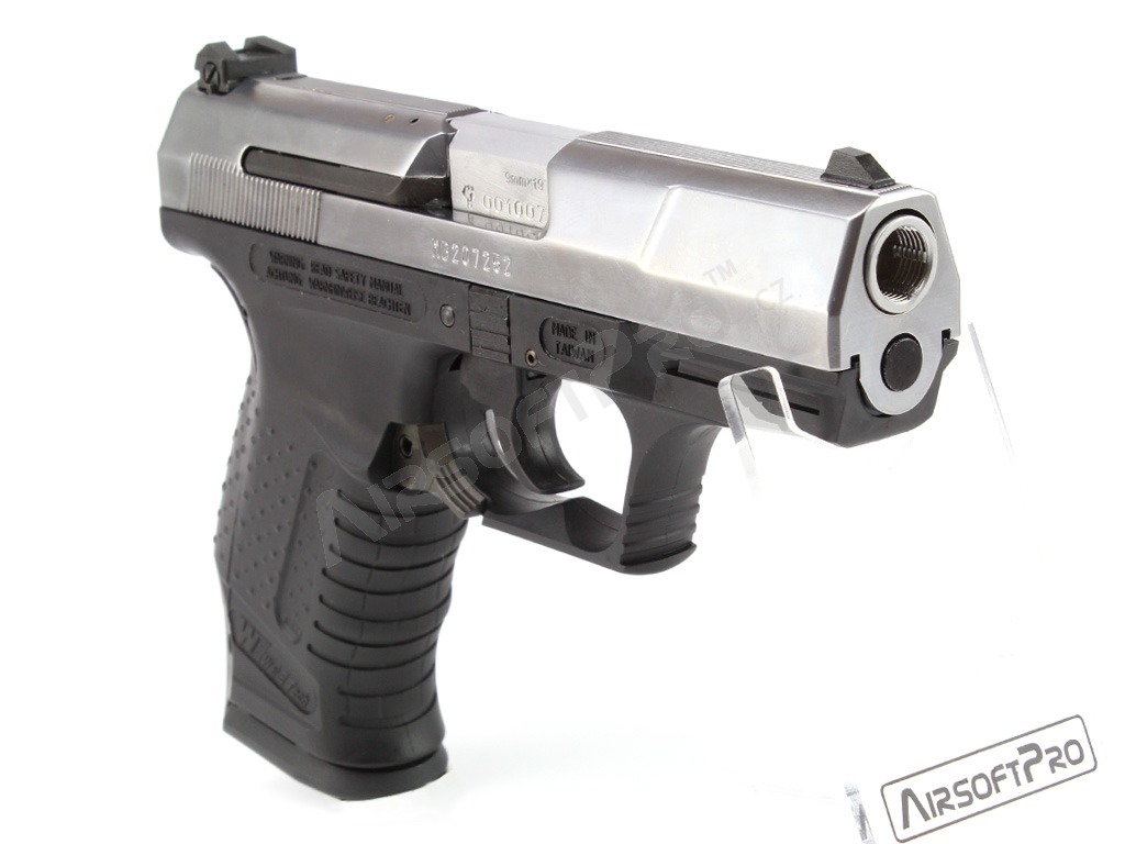 Airsoft pisztoly E99 - Fém, gáz visszahúzós - fekete, ezüst tolózárral [WE]