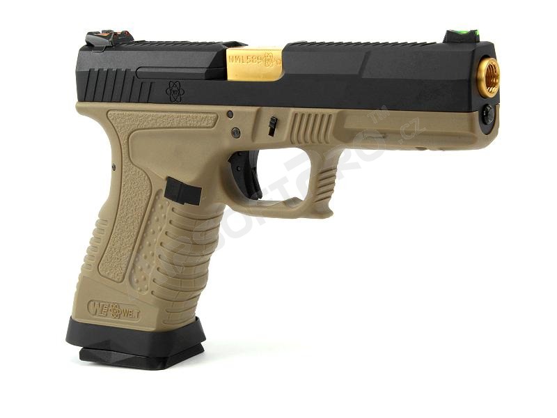 Airsoft pisztoly GP1799 T6 - GBB, fekete fém csúszka, TAN váz, arany cső [WE]