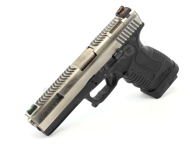 Airsoft pisztoly GP1799 T7 - GBB, ezüst fém csúszka, fekete keret, ezüst cső [WE]