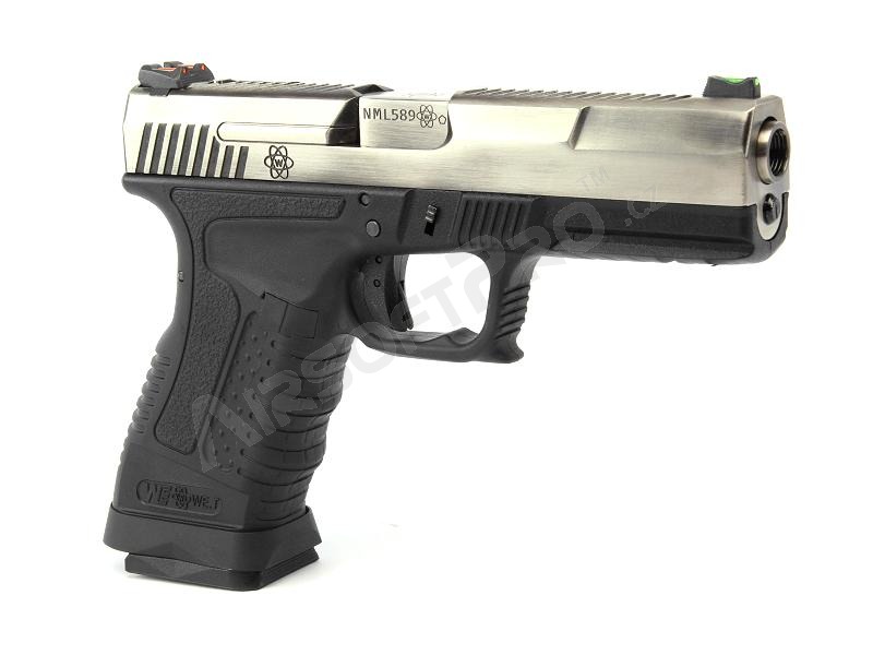 Airsoft pisztoly GP1799 T7 - GBB, ezüst fém csúszka, fekete keret, ezüst cső [WE]