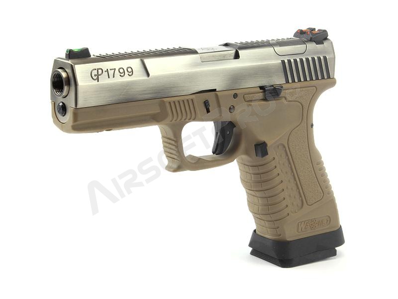 Airsoft pisztoly GP1799 T8 - GBB, fém ezüst csúszka, TAN váz, ezüst cső [WE]