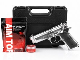 Airsoft pisztoly Elite M92 GBB, teljes fém, szállítási tokkal + 500BBs + zsír - Króm [B&W]