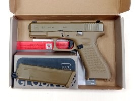 Airsoft pisztoly Glock 19X, fém tolózár, gáz visszahúzás - Coyote - VISSZAVÉTELT VÁLLALKOZÓ által [UMAREX]